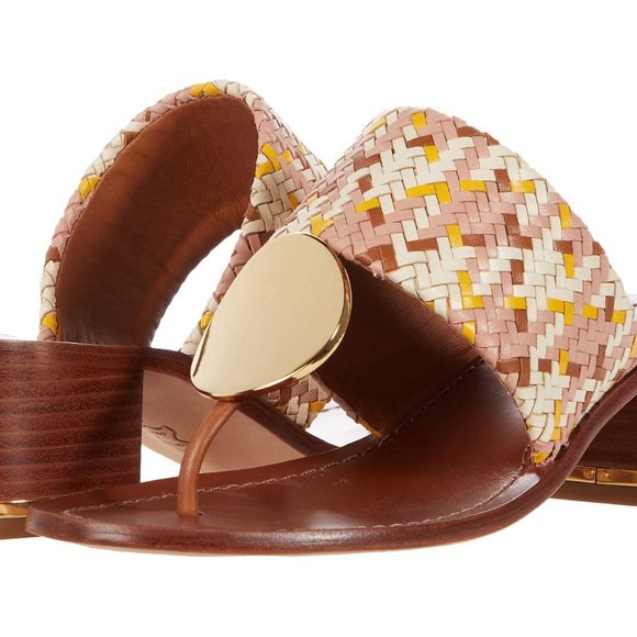 Tory Burch PATOS DISK MID-HEEL SANDAL Woven Neutral Pink Gold Accent Details - Picture 5 of 14